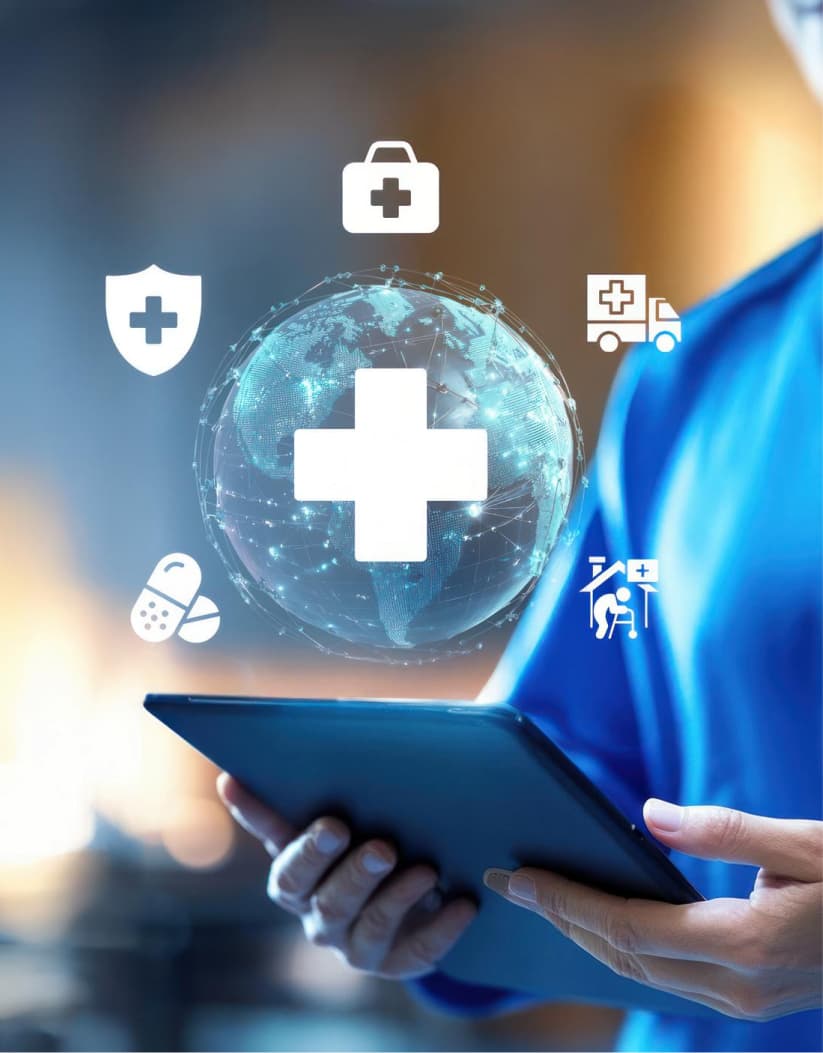 A clinician in scrubs beside a glowing globe of medical icons.