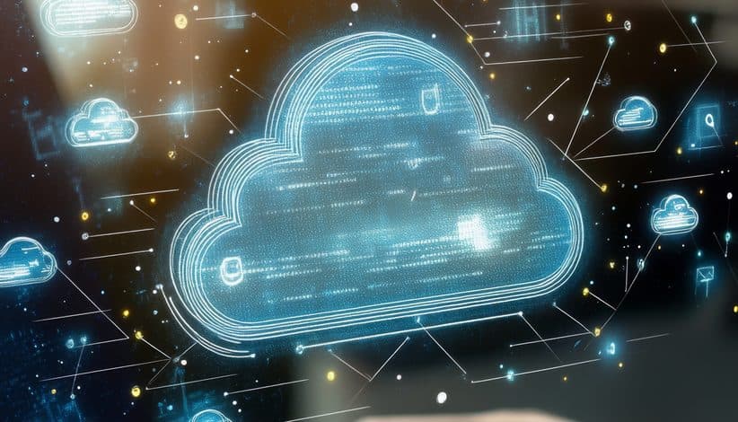 A cloud outlined in data points, linked to service icons across a dark field.