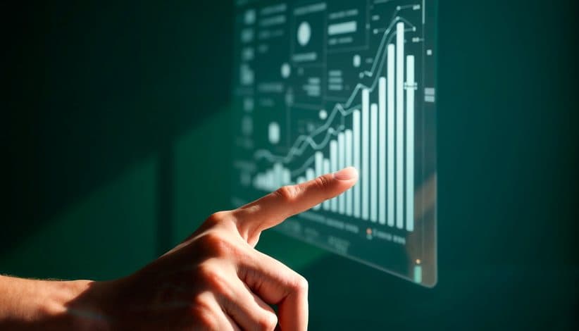 A hand reaching toward a rising bar chart projected in the air.