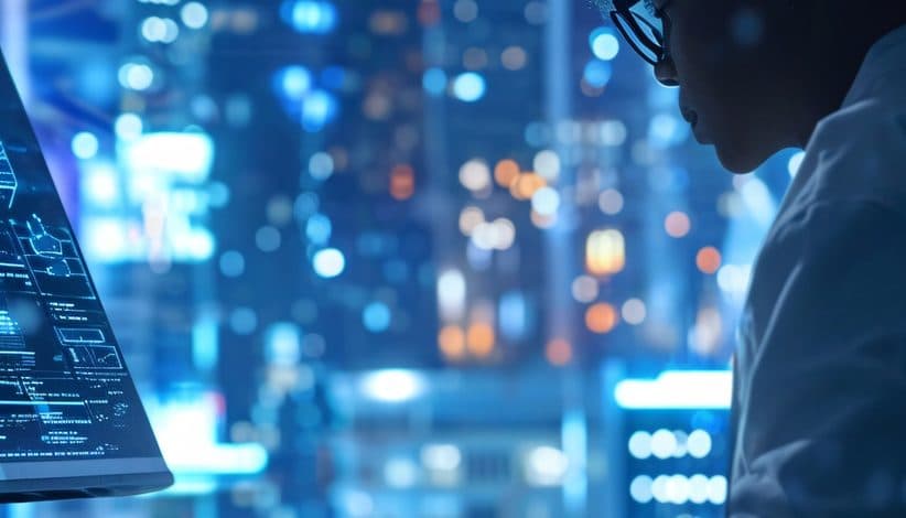 An engineer at a workstation against a wall of city bokeh at night.