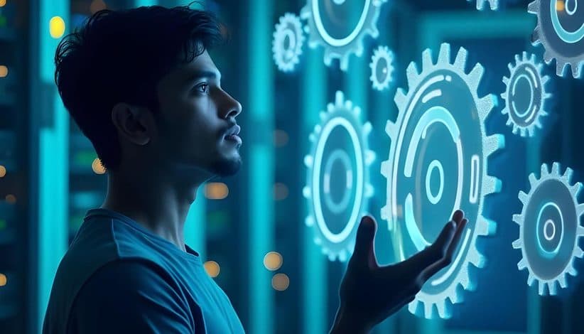 An engineer facing a wall of interlocking illuminated gears.