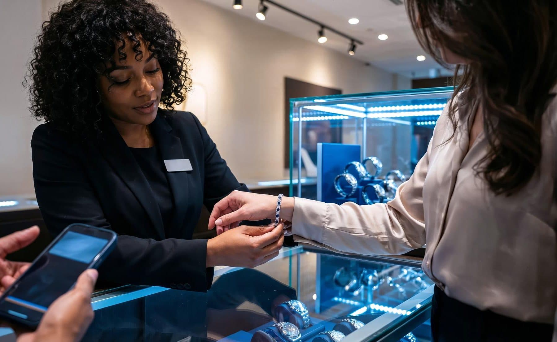 A store associate helping a customer at a lit display counter.